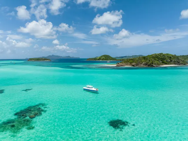 Boats moored in the clear waters of the Tobago Cays